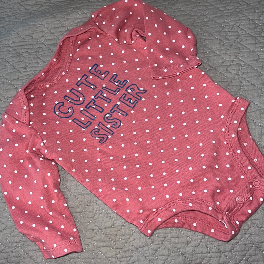 Carter’s girls Polka Dot long sleeve bodysuit “Cute Little Sister” 6M